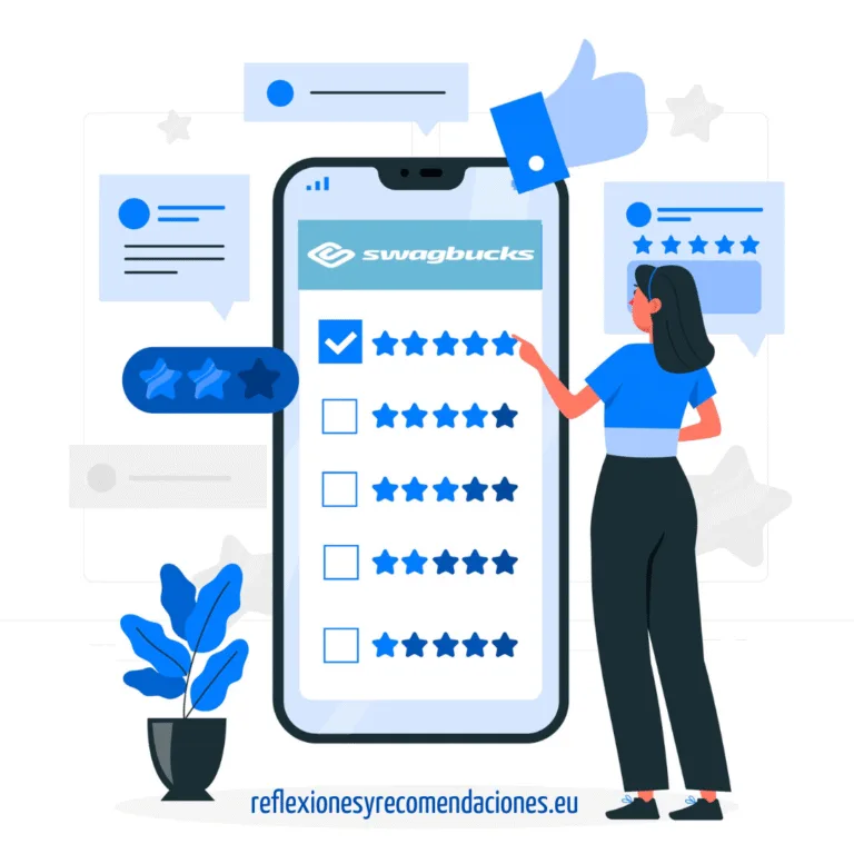 Mujer valorando con cinco estrellas en una app de encuestas de Swagbucks en su móvil.