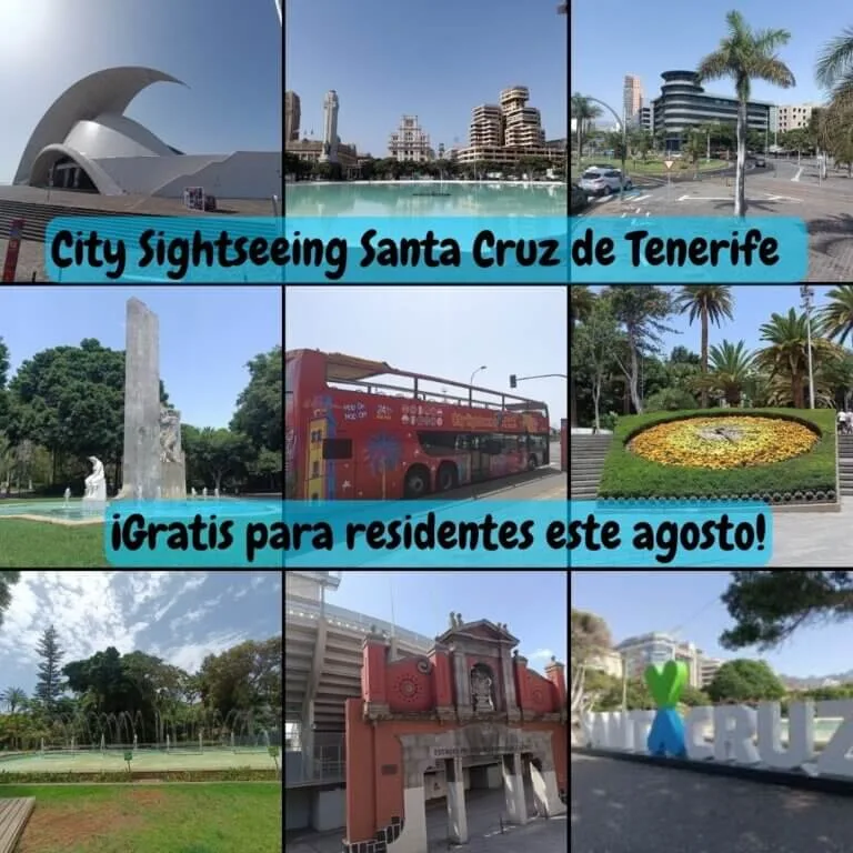 Collage de fotos del City Sightseeing Santa Cruz de Tenerife, incluyendo el Auditorio, Plaza de España, Parque García Sanabria y el autobús turístico rojo, con texto promocional que indica que es gratis para residentes en agosto.