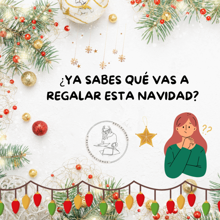 Diseño navideño con adornos, luces de colores, ramas de pino y la frase “¿Ya sabes qué vas a regalar esta Navidad?” junto a una ilustración de una persona pensando.