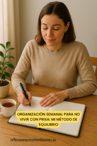 agenda abierta, planta y taza de té sobre una mesa de madera iluminada.
