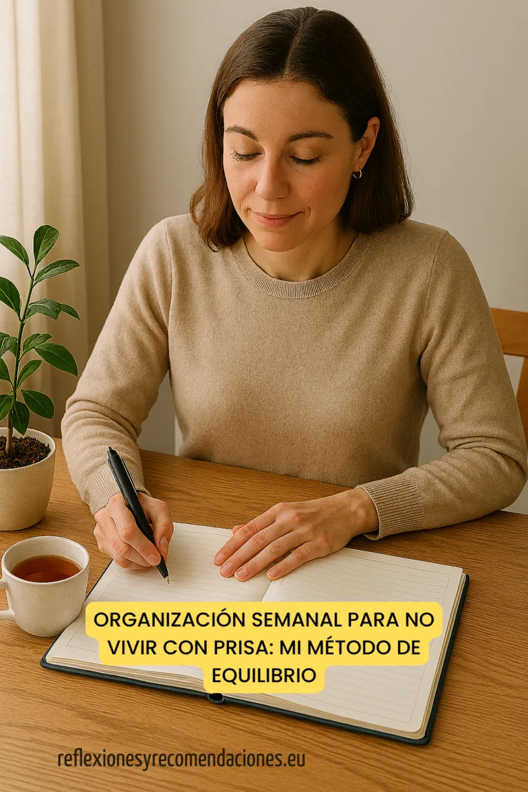 agenda abierta, planta y taza de té sobre una mesa de madera iluminada.