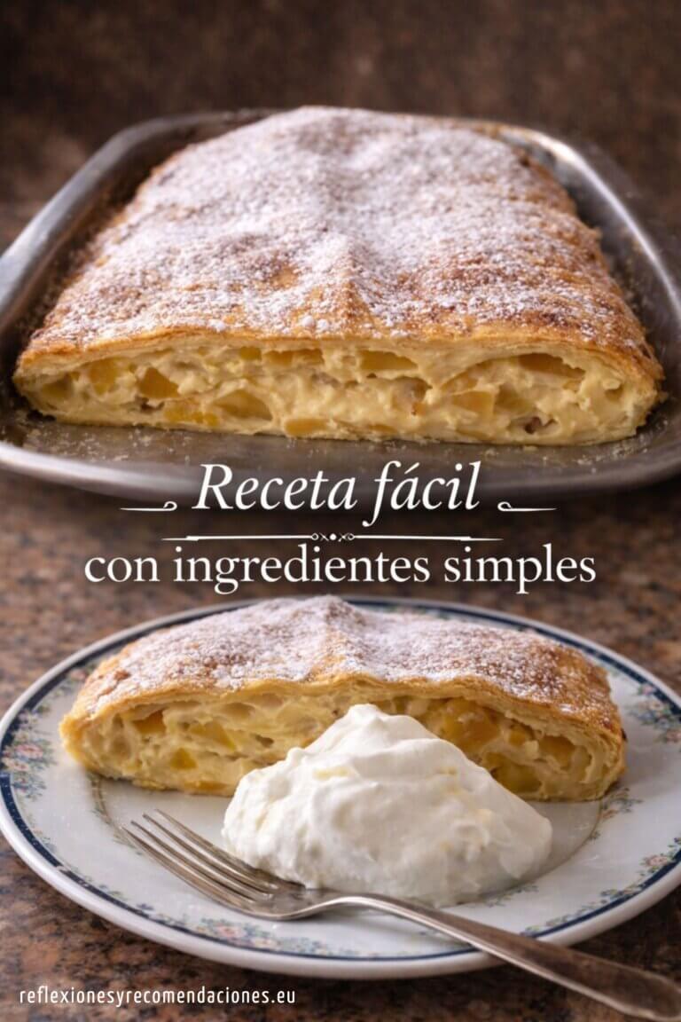 Strudel de queso quark casero con azúcar glas, servido con nata montada en plato, postre alemán tradicional