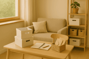Espacio organizado y luminoso con cajas de almacenamiento y decoración minimalista para un hogar tranquilo