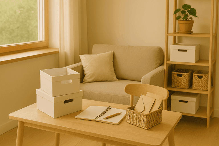 Espacio organizado y luminoso con cajas de almacenamiento y decoración minimalista para un hogar tranquilo