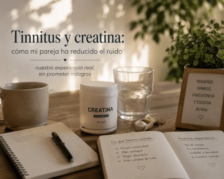 Tarro de creatina, taza y cuaderno sobre una mesa de madera con luz cálida, representando una experiencia personal sobre tinnitus y creatina sin prometer resultados médicos.
