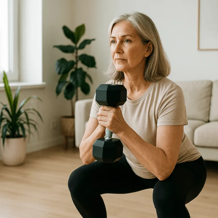 Mujer de más de 40 años realizando un ejercicio de fuerza con una mancuerna en casa para fortalecer músculos y huesos.