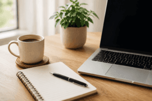 Espacio de trabajo con portátil, libreta y café, representando la planificación y la tranquilidad en cada etapa de la vida.
