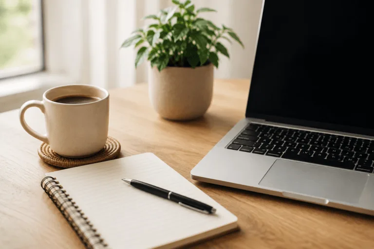 Espacio de trabajo con portátil, libreta y café, representando la planificación y la tranquilidad en cada etapa de la vida.