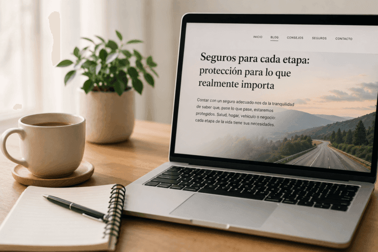 Portátil con un artículo sobre seguros para cada etapa de la vida: salud, hogar, vehículo y negocio