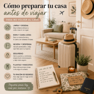 Casa ordenada con una maleta preparada antes de viajar y una lista de tareas para dejar el hogar listo y seguro.