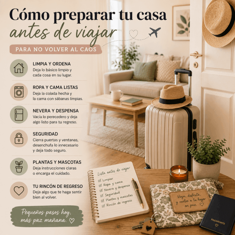 Casa ordenada con una maleta preparada antes de viajar y una lista de tareas para dejar el hogar listo y seguro.