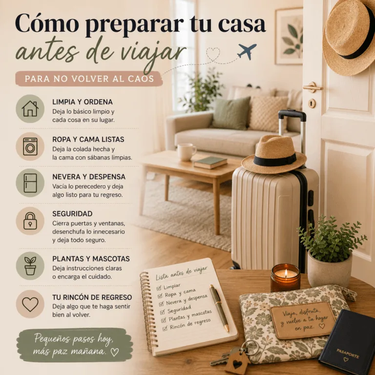 Casa ordenada con una maleta preparada antes de viajar y una lista de tareas para dejar el hogar listo y seguro.