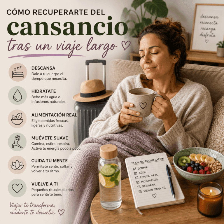 Mujer descansando en casa con una taza después de un viaje largo, junto a consejos para recuperar energía y bienestar.