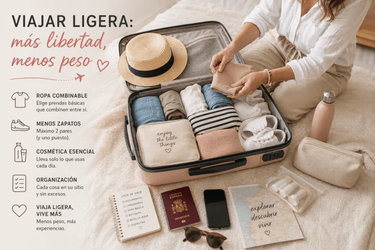 Mujer preparando una maleta práctica con ropa y accesorios esenciales para viajar ligera y organizada.