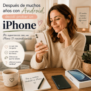 Mujer probando un iPhone 13 reacondicionado después de muchos años usando Android, junto a un móvil Xiaomi.