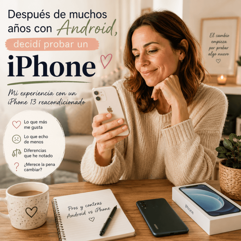 Mujer probando un iPhone 13 reacondicionado después de muchos años usando Android, junto a un móvil Xiaomi.