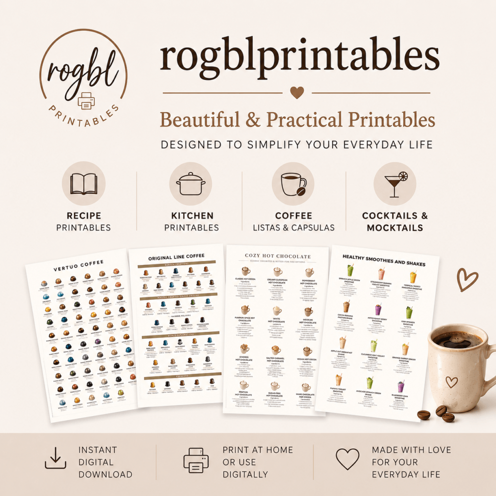 rogblprintables digital printables for recipes, kitchen, coffee, cocktails and mocktails, featuring coffee capsule guides, hot chocolate recipes and healthy smoothie printables.