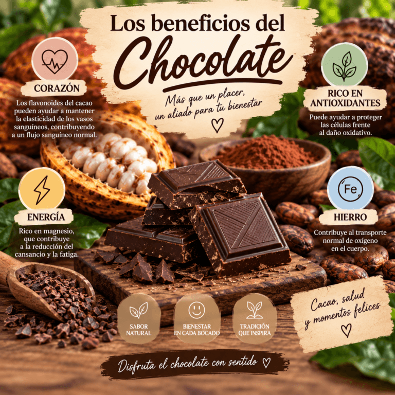 Beneficios del chocolate negro con cacao, mostrando chocolate, cacao y elementos relacionados con antioxidantes, corazón, energía e hierro.