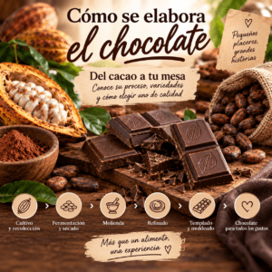 Cómo se elabora el chocolate, mostrando el cacao, los granos, la molienda, el refinado, el templado y el chocolate terminado.