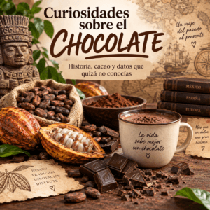 Curiosidades sobre el chocolate, con cacao, mazorcas, granos, chocolate y elementos que representan su historia y evolución.