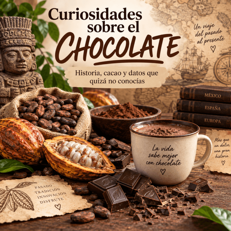 Curiosidades sobre el chocolate, con cacao, mazorcas, granos, chocolate y elementos que representan su historia y evolución.