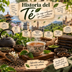 Historia del té desde China hasta Europa, con una taza de té, hojas, diferentes variedades y elementos culturales de Asia y Europa.