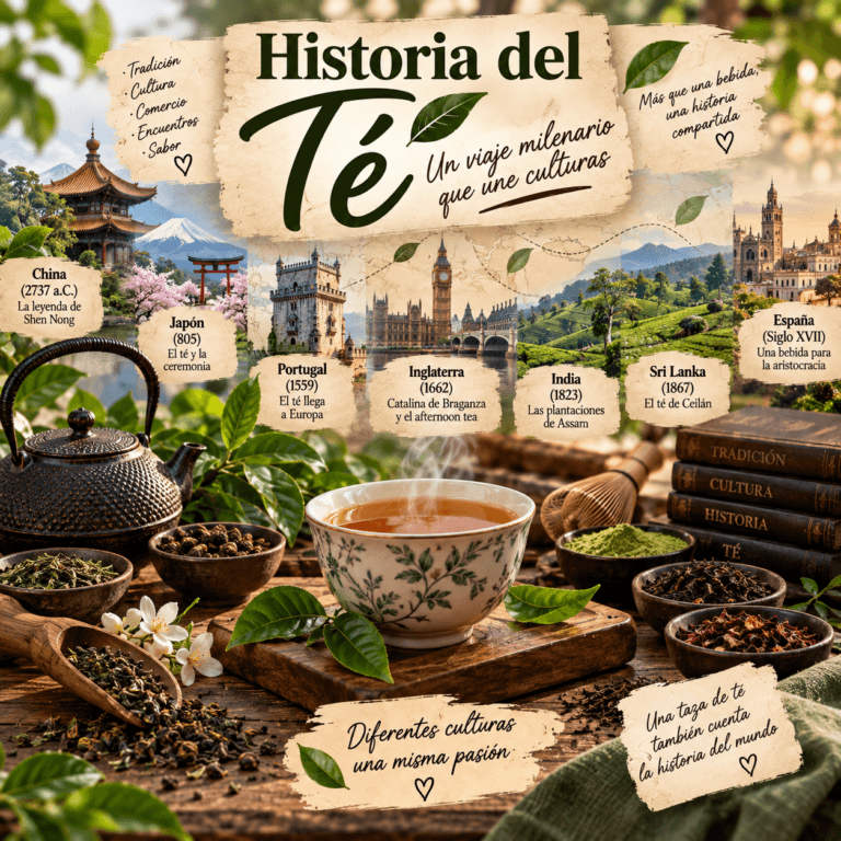 Historia del té desde China hasta Europa, con una taza de té, hojas, diferentes variedades y elementos culturales de Asia y Europa.