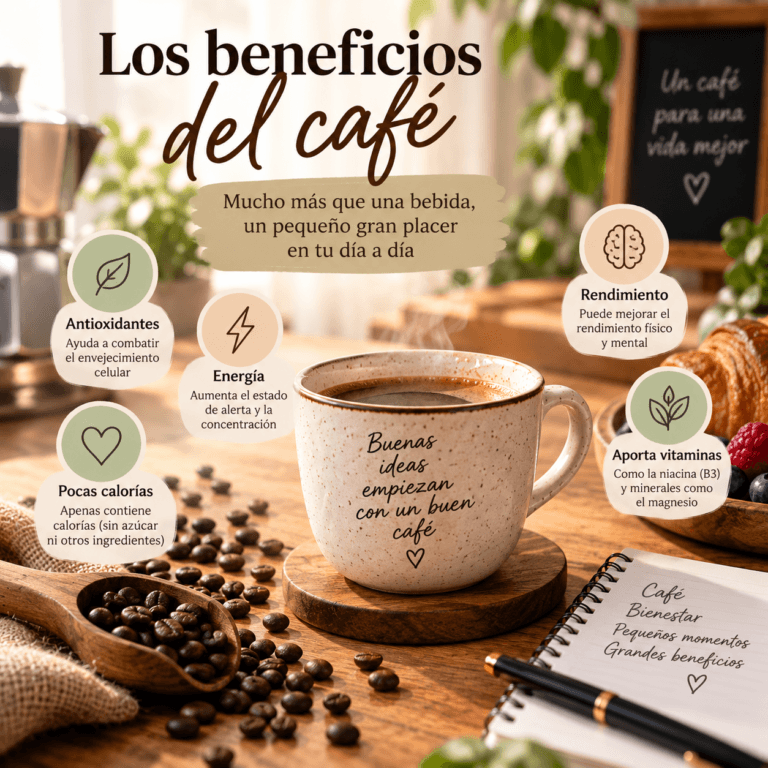 Los beneficios del café representados junto a una taza de café, granos y elementos relacionados con la energía, los antioxidantes y el bienestar.