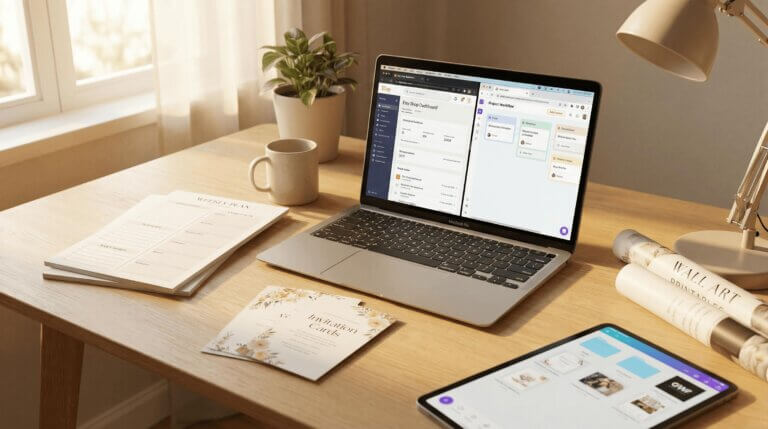 Espacio de trabajo para crear y vender plantillas digitales, con portátil, diseños impresos y cuaderno.