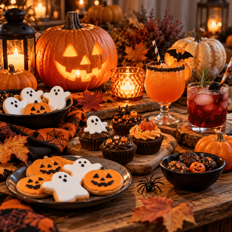 Decoración de Halloween con calabaza iluminada, galletas, dulces de chocolate y bebidas festivas.